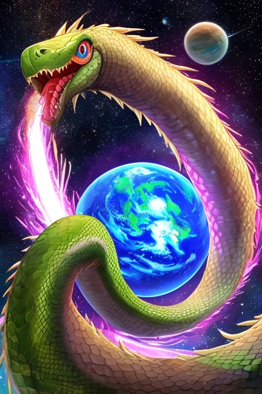 Star climbing giant snake,opens its mouth to reveal snake teeth,bigger than the planet,travels through space,hunts human spacecraft