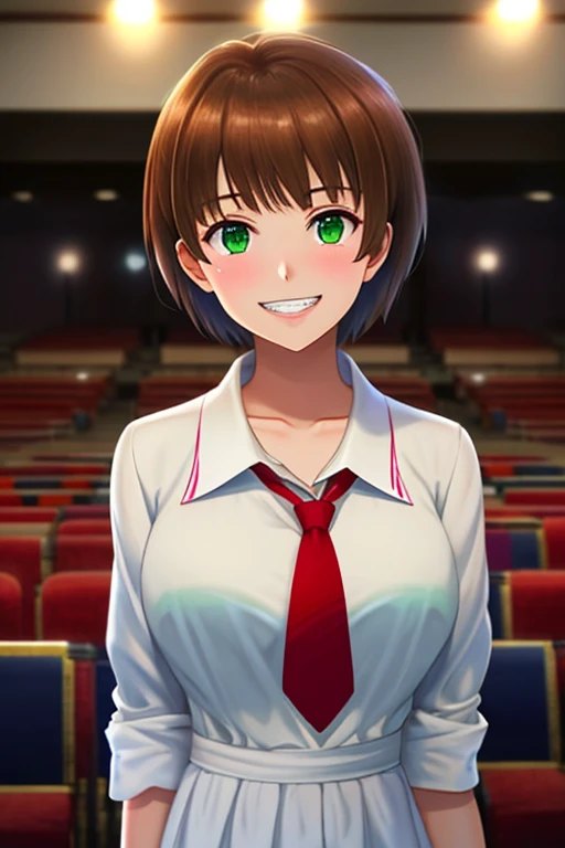 masterpiece, Highest Quality , best quality, 1girl, watch the audience, , tezuka rin , brown hair , collars, green eyes, Katawa Shoujo, Red Tie, 1 girl with short hair , alone, white 衬衫, grinning smile, Precise Teeth with Gaps