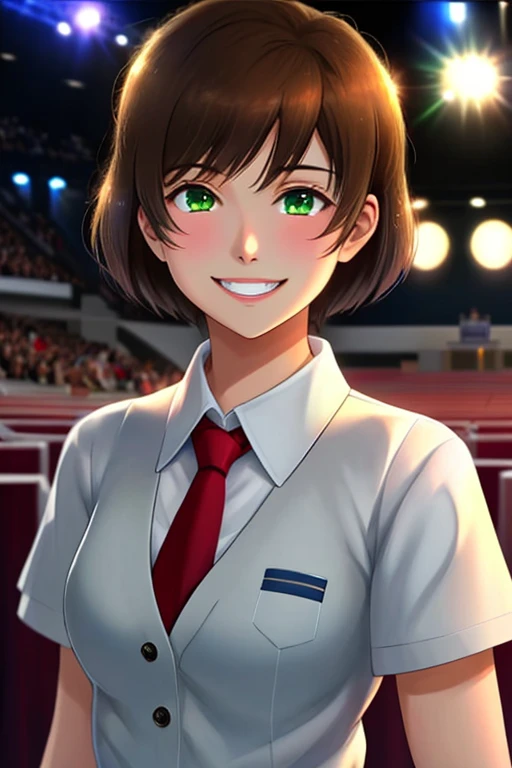 masterpiece, Highest Quality , best quality, 1girl, watch the audience, , tezuka rin , brown hair , collars, green eyes, Katawa Shoujo, Red Tie, 1 girl with short hair , alone, white 衬衫, grinning smile, Precise Teeth with Gaps