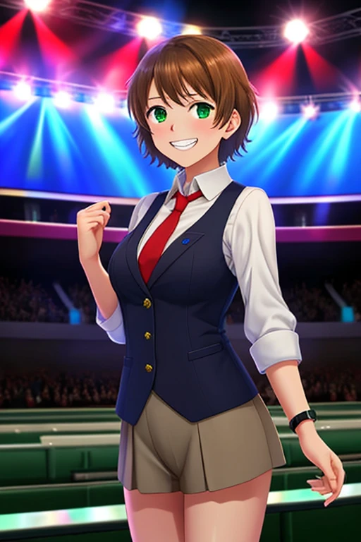 masterpiece,  Highest Quality , best quality, 1girl,  watch the audience, ,  tezuka rin ,  brown hair , collars,   green eyes, Katawa Shoujo, Red Tie,   1 girl with short hair , alone, white 衬衫, grinning smile,  Precise Teeth with Gaps 