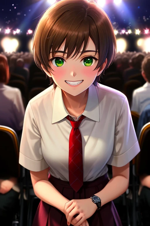 masterpiece,  Highest Quality , best quality, 1girl,  watch the audience, ,  tezuka rin ,  brown hair , collars,   green eyes, Katawa Shoujo, Red Tie,   1 girl with short hair , alone, white 衬衫, grinning smile,  Precise Teeth with Gaps 