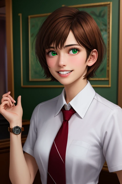 realistic style,masterpiece, Highest Quality , best quality, 1girl, watch the audience, , tezuka rin , brown hair , collars, green eyes, Katawa Shoujo, Red Tie, 1 girl with short hair , alone, white 衬衫, grinning smile, Precise Teeth with Gaps