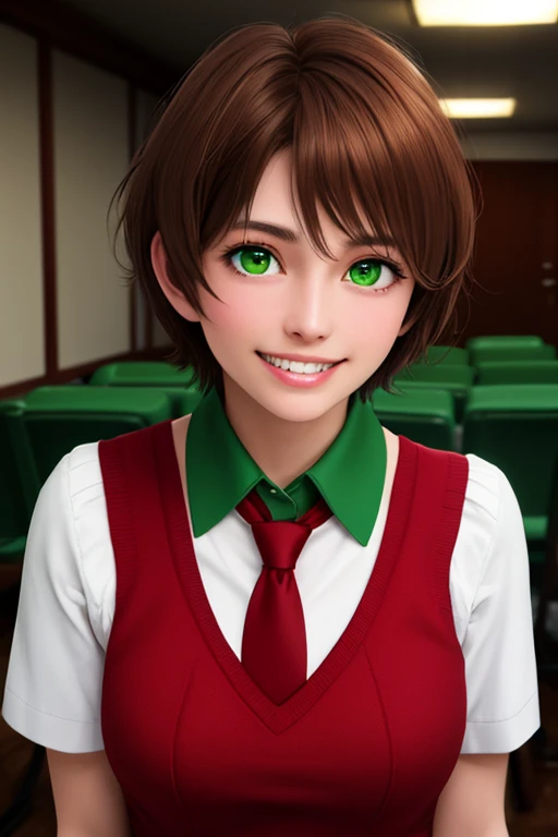 realistic style,masterpiece, Highest Quality , best quality, 1girl, watch the audience, , tezuka rin , brown hair , collars, green eyes, Katawa Shoujo, Red Tie, 1 girl with short hair , alone, white 衬衫, grinning smile, Precise Teeth with Gaps