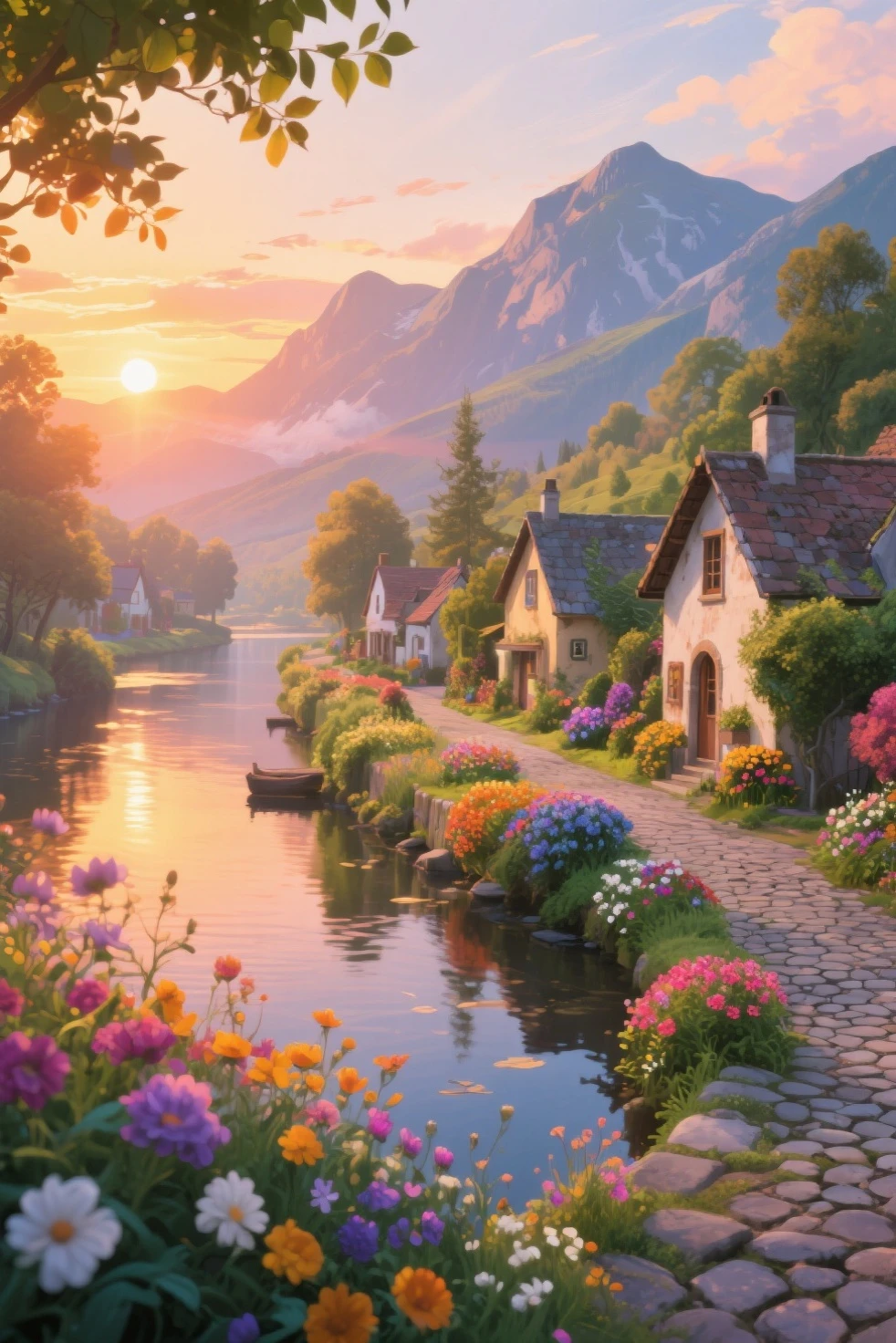 , a small riverside village,The background is mountains,Flowers bloom,vibrant with colors,Detailed scenery,Beautiful natural landscape,Ambiance Lighting,Scorching sunset,a warm color palette,utility,utility摄影,Delicate leaves,Complex architecture , cobblestone streets , charming country cottages , swirling bright colors, dense vegetation ,Still water reflections,picturesque,Leisure and tranquility,artwork of a,Best quality,8k,Extremely detailed,anime style