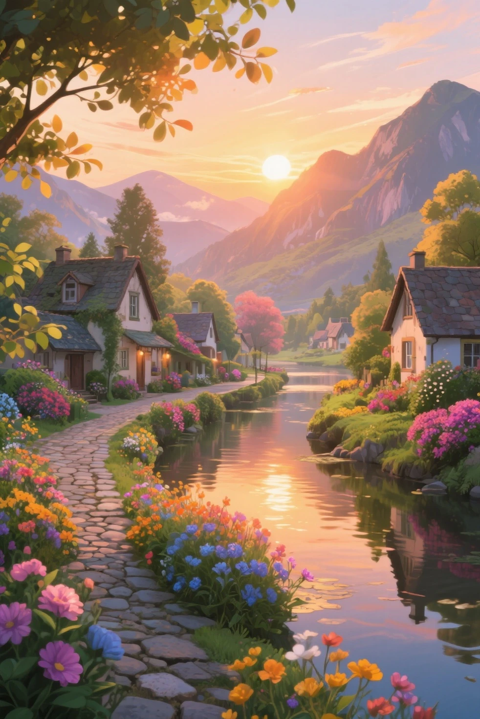 , a small riverside village,The background is mountains,Flowers bloom,vibrant with colors,Detailed scenery,Beautiful natural landscape,Ambiance Lighting,Scorching sunset,a warm color palette,utility,utility摄影,Delicate leaves,Complex architecture , cobblestone streets , charming country cottages , swirling bright colors, dense vegetation ,Still water reflections,picturesque,Leisure and tranquility,artwork of a,Best quality,8k,Extremely detailed,anime style