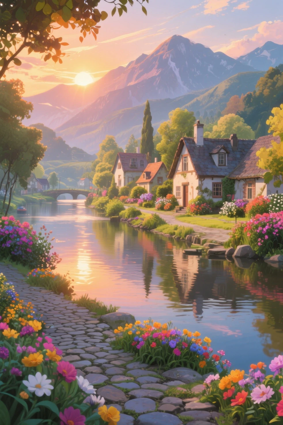 , a small riverside village,The background is mountains,Flowers bloom,vibrant with colors,Detailed scenery,Beautiful natural landscape,Ambiance Lighting,Scorching sunset,a warm color palette,utility,utility摄影,Delicate leaves,Complex architecture , cobblestone streets , charming country cottages , swirling bright colors, dense vegetation ,Still water reflections,picturesque,Leisure and tranquility,artwork of a,Best quality,8k,Extremely detailed,anime style