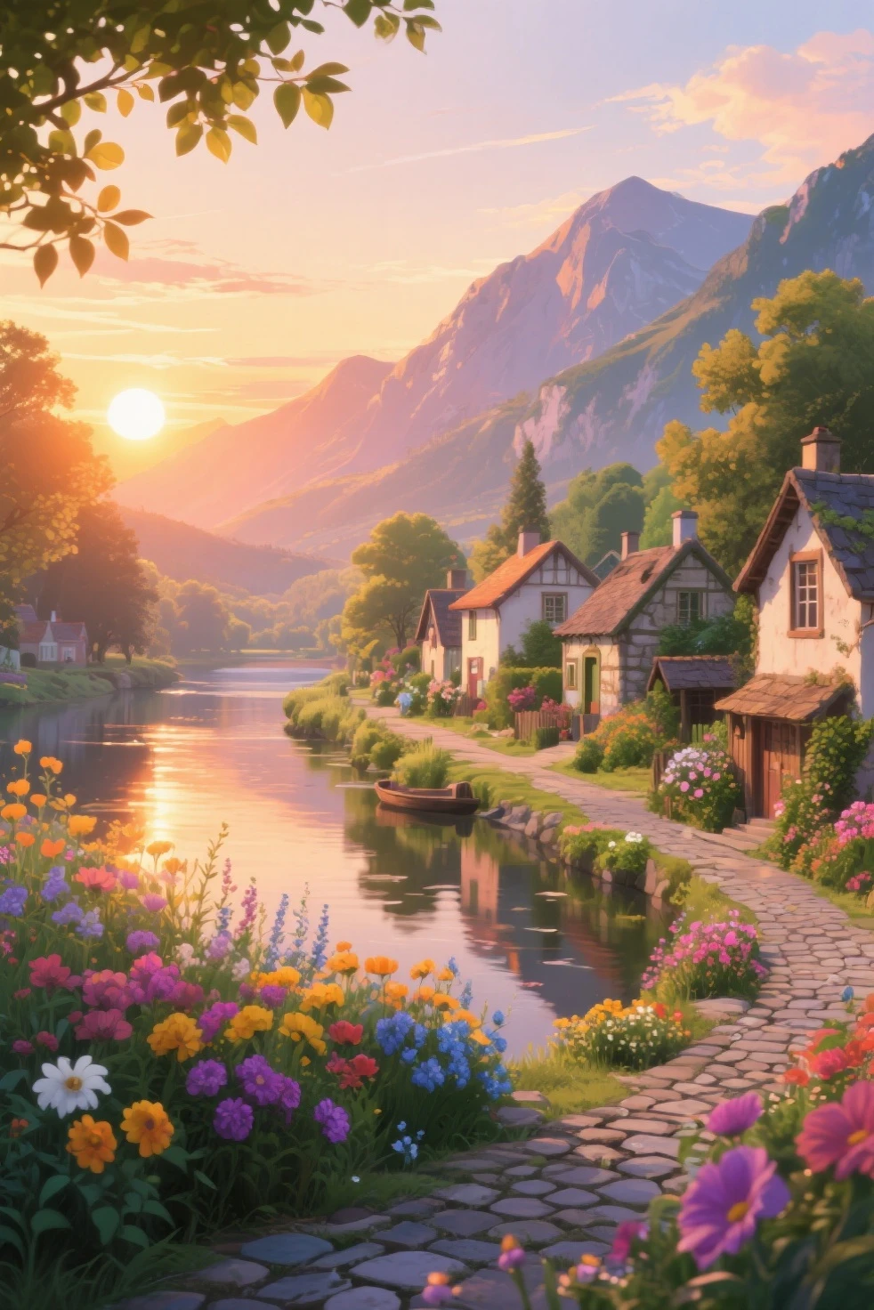 , a small riverside village,The background is mountains,Flowers bloom,vibrant with colors,Detailed scenery,Beautiful natural landscape,Ambiance Lighting,Scorching sunset,a warm color palette,utility,utility摄影,Delicate leaves,Complex architecture , cobblestone streets , charming country cottages , swirling bright colors, dense vegetation ,Still water reflections,picturesque,Leisure and tranquility,artwork of a,Best quality,8k,Extremely detailed,anime style