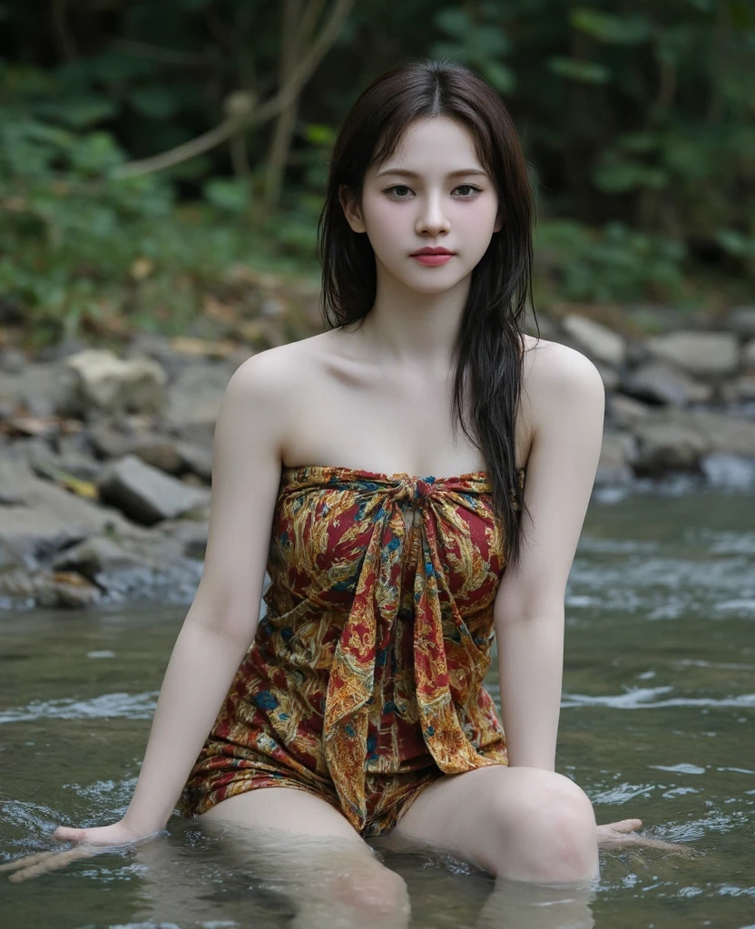 A film still of a girl ,  highres,  , , smiling, beautiful and delicate water, the finest grass, very delicate light, nature, painting, water spray, breeze, flowers and grass meadow, near the water edge, (sunset, starry sky in a circle), randomly distributed clouds, river, splashing water, , falling petals, beautiful  armpits, (( perfect anatomy)),, , horror theme, ((wear a patung dress)), messy long hairstyle, sweaty body, smiling, scared face, Prores lense,  dark green color grading, cinemascope, ((lying flat pose)), natural light, Dynamic shadows, (()), horror film, high quality, ultra detail, 8k, Panavision DXL2 camera, perfect hands, perfect fingers, attractive & seductive 