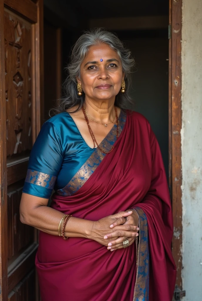 Busty, 80 year old Indian mature granny in saree cleavage, full body, pink bra