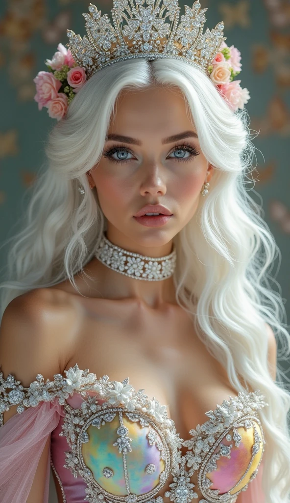 FAIRY WITH AN HYBRID FACE BETWEEN CLAUDIA SCHIFFER AND GISELE BUNDCHEN , BUST IMAGE STYLE, STUDIO IMAGE STYLE, BLACK INFINITE BACKGROUND, DIFFUSED LIGHTS ON FACE, BACK LIGHTS ON HAIR, LUMINOUS HAIR, CLOSE FACE SHOT, PLATINUM LONG HAIR, HUGE STRAIGHT LONG HAIR, BRAID HAIR STYLE, PLATINUM EYEBROWS, VERY PALE SKIN, LUMINOUS SKIN, FEMALE FAIRY, TOLKIEN MITHOLOGY, EXPOSED LONG TIP EARS, HIGH CHEEKBONES, ROSY CHEEKS, GORGEOUS LIPS, SOFT LIPSTICK, GORGEOUS CURVY BODY, SOFT MUSCLES, VOLUMOUS BREASTS, STRAPLESS CLEAVAGE, WHITE VICTORIAN DRESS, ENIGMATIC FACE EXPRESSION, SIDE FACE VIEW, EYES LOOKING TO THE SIDE, TOLKIEN MITHOLOGY, HIGH QUALITY IMAGE, MASTERPIECE, 8K