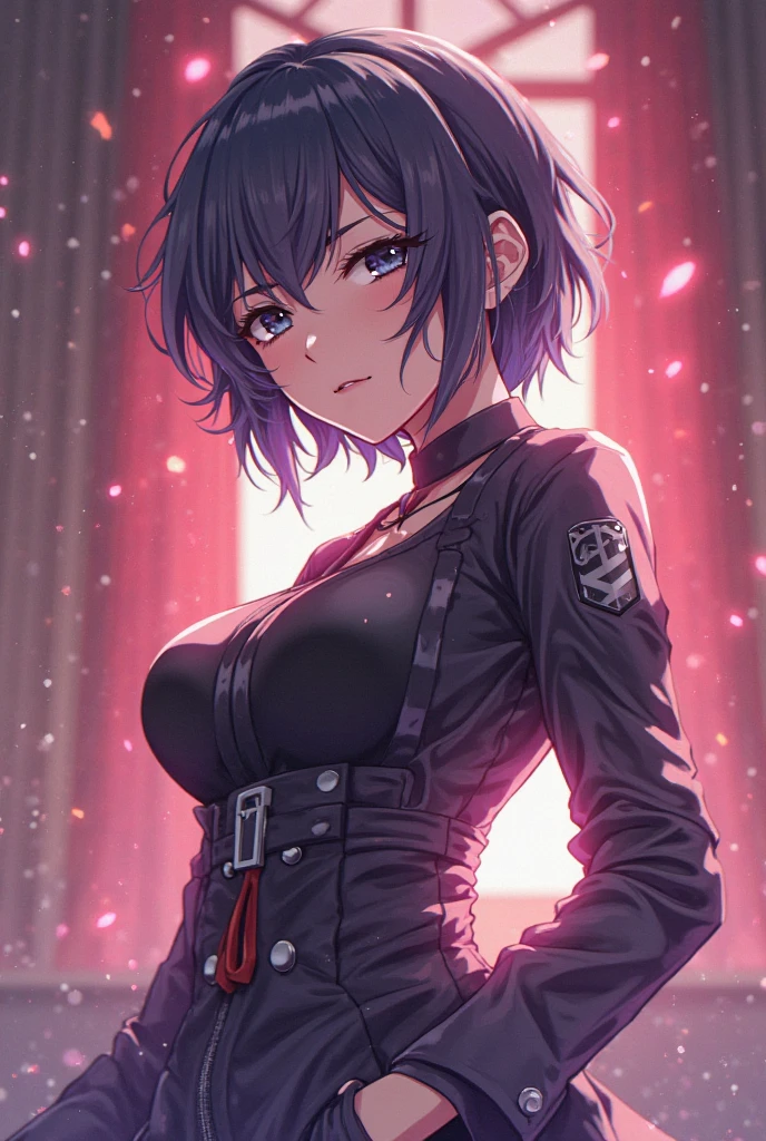 ((tanned adult woman), short purple hair, Eyes red, purple top, leather jacket, (black leather panties), Scrawny, nice smile, (back looking at the camera) open tummy, Breasts Open, black lipstick, Masterpiece artwork, high qualiy, Solar rear lighting))