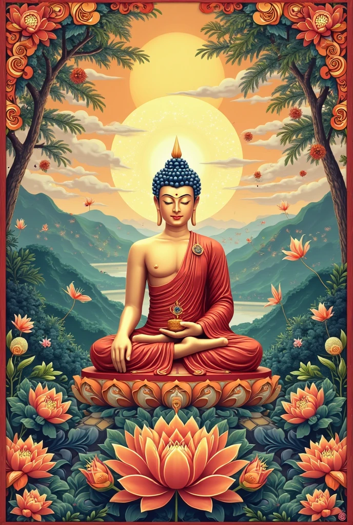 Create an intricate, detailed painting inspired by traditional Tibetan Thangka art. The artwork should feature a central Buddha figure seated in meditation, surrounded by a radiant halo of light. Below the Buddha, a series of concentric mandalas filled with vibrant floral patterns, mythical landscapes, and symbolic structures should be depicted. These elements should include representations of mountains, clouds, and water, all interwoven in a harmonious flow. The background should have a gradient of deep blues and greens, symbolizing the sky and the heavens, with swirling patterns that give a sense of movement and energy. The overall composition should be highly detailed, with a sense of balance and spiritual symbolism