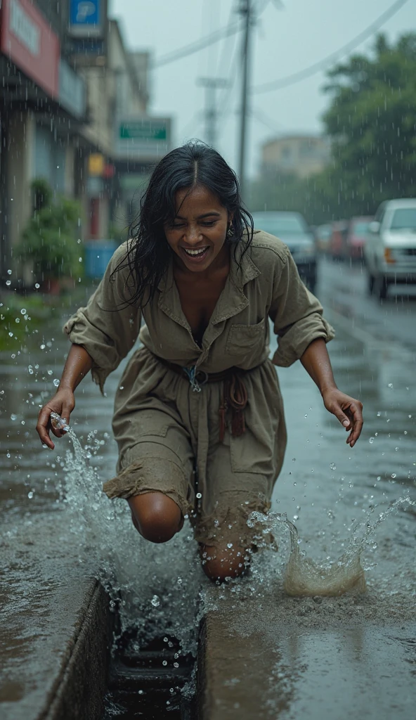 Woman swimming in the river, flirting with the camera, cheerful, fully clothed, long sleeved shirt, skirt , wet clothes, soaked, masterpiece, best quality