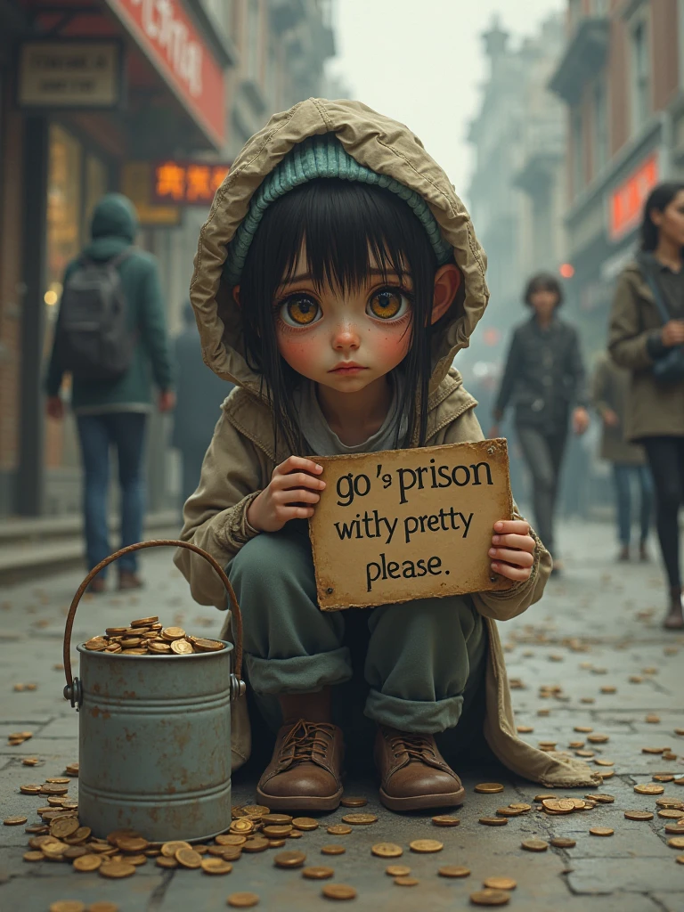 A little girl in very tattered clothes and poor, squatting on the ground selling matches in the cold night, well, poor eyes, on the street, tattered shoes, dirty, a lot of dust, next to a super huge cute yellow-haired cat to accompany her, next to the garbage can, dirty street, garbage truck