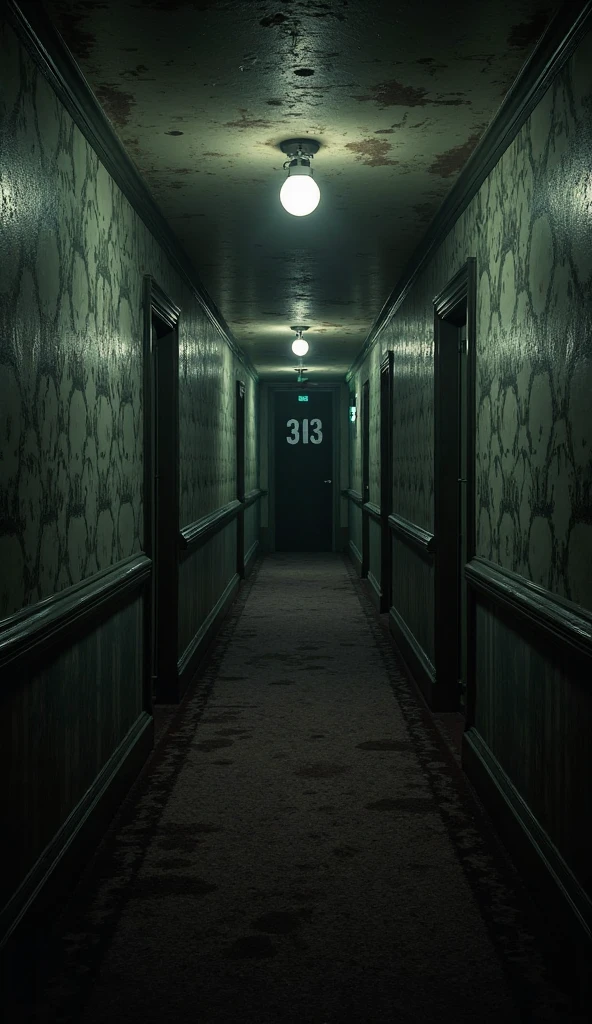 A dark, eerie hallway in a house, captured in a found footage style. The hallway is narrow with old, worn wooden floors and dim lighting, casting long shadows. On the walls, there are several unsettling portraits with faces that seem to follow you as you move. The color palette is predominantly greenish-beige, adding to the unsettling atmosphere. The entire scene has a slightly grainy, low-quality video effect, similar to the style of Trevor Henderson's creature art, emphasizing the eerie and disturbing mood.