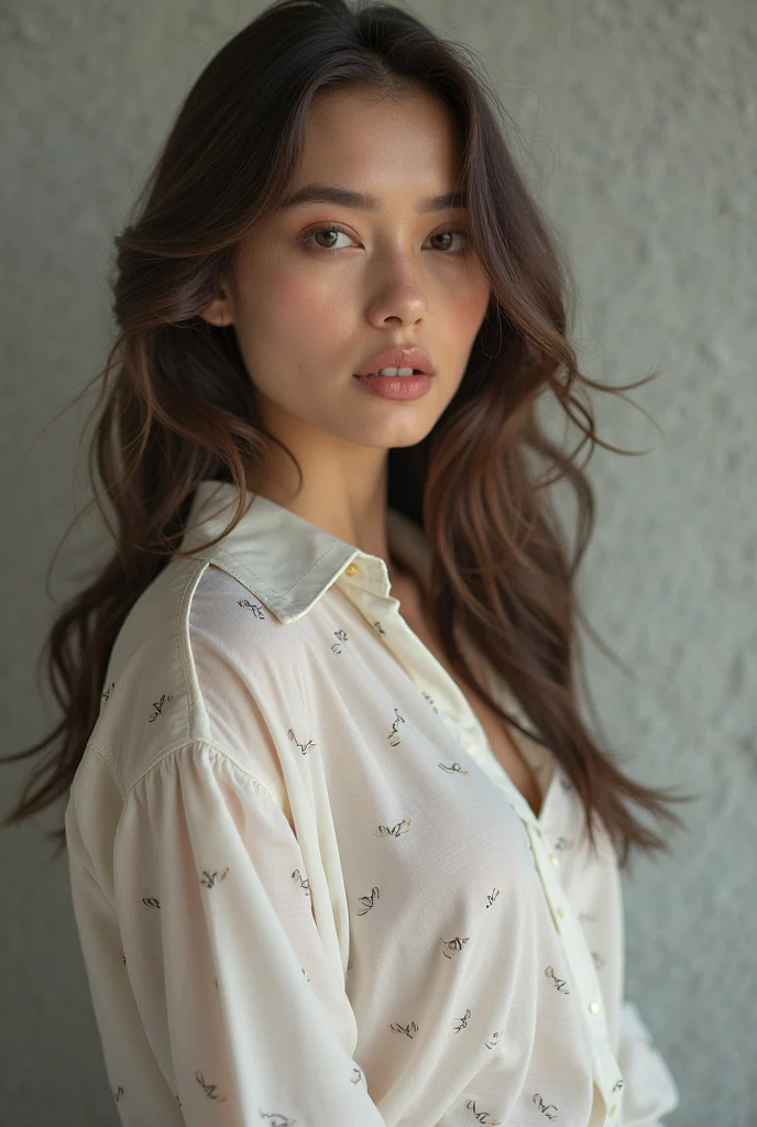 masterpiece, best quality, young woman RaeXL, long hair, winged eyeliner, in white shirt, portrait, looking at viewer, simple background <lora:Valkyrae XL:1>