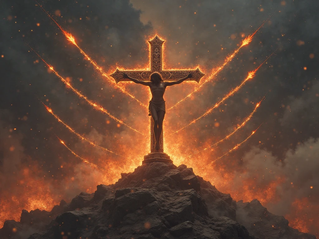 an album art cover for a deathcore, metalcore band. There is a girl kneeling on the ground bloody and bruised , bloody and bruised, she is kneeling before a large cross, there is an angel on the cross. The cross is on fire. At the top of the image text reads in a large evil font (((HopesHeart))). At the bottom of the image text reads (((Broken Chromosomes))),