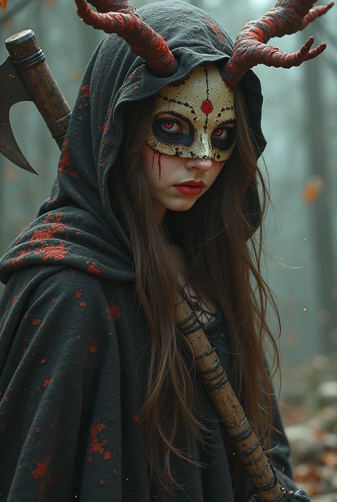 Create a mesmerizing image of a European girl for your iPhone wallpaper. The head is decorated with intricate carvings and terrifying features. For example, sharp triangular teeth, glowing yellow eyes, full of anger, and a sickle in his hand. The tree background adds an eerie sense of mystery and autumnal charm.., with bright orange and red leaves and twisted branches. The bloody face and the unused sickle in the hand give off a chilling and sinister look., perfect for the spooky season. This masterpiece boasts ultra-high resolution, Photorealistic details, and tense atmosphere, that will leave you on the edge. She is wearing a dark cloak and black stockings. small breasts.