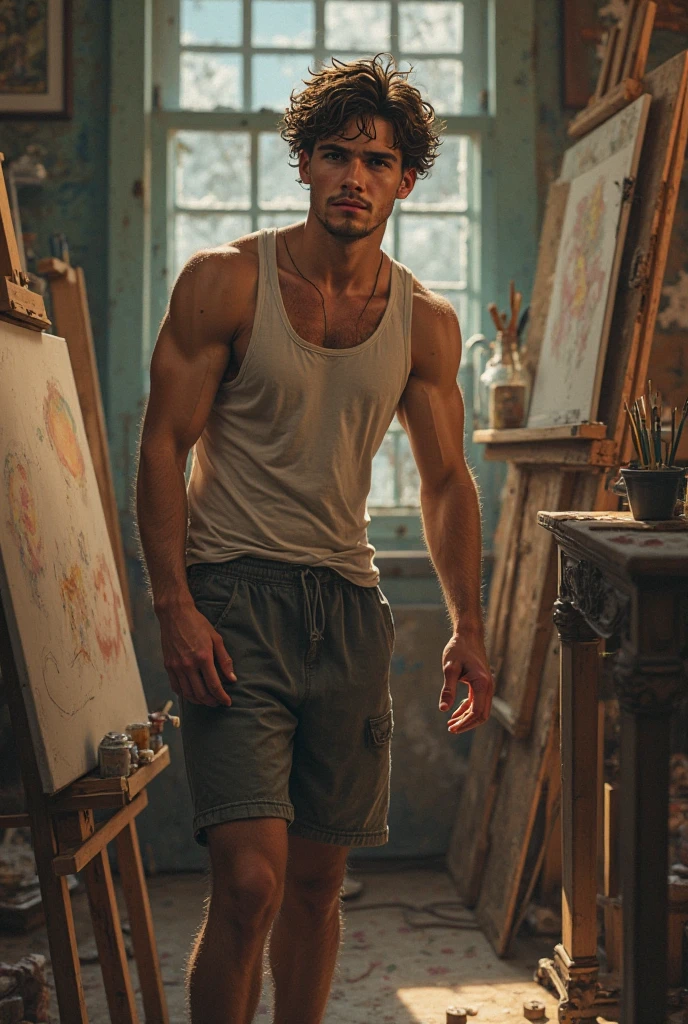 ((1 man standing on a wood pedestal hands behind his head shitless, pantless, barefoot, slightly smile in painting workshop ))
fullbody
seductive boby lenguaje, sexy look, masculine, lusty, provocative, sexual
in roberto ferri art style, a 20 years old, fullbody, day light, divine proportions, masculine gaze, handsome, realisitic skinny detailed muscles,
master piece, artstation trending, ultra hd, realistic, vivid colors, highly detailed, UHD drawing, pen and ink, perfect composition, beautiful detailed intricate insanely detailed octane render trending on artstation, 8k artistic photography, photorealistic concept art, soft natural volumetric cinematic perfect light
he is modeling for painters,