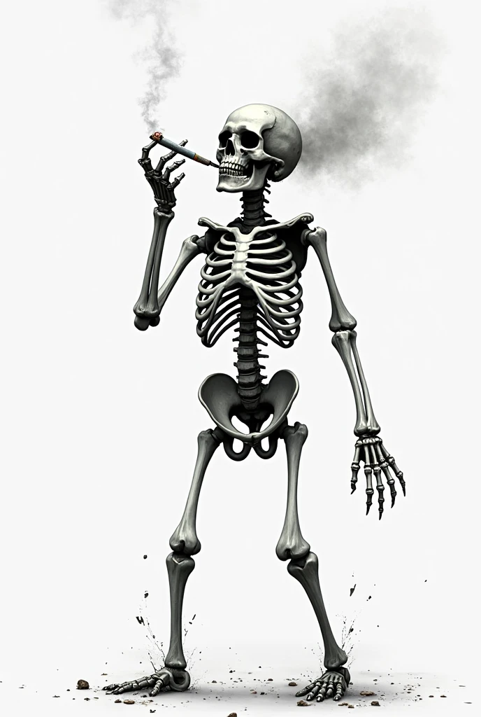 Create a white muscular skeleton ,with very large white muscles in the arms ,smoking a lit cigarette and wearing black glasses , Against a black background (100%very muscular black man with a small smile