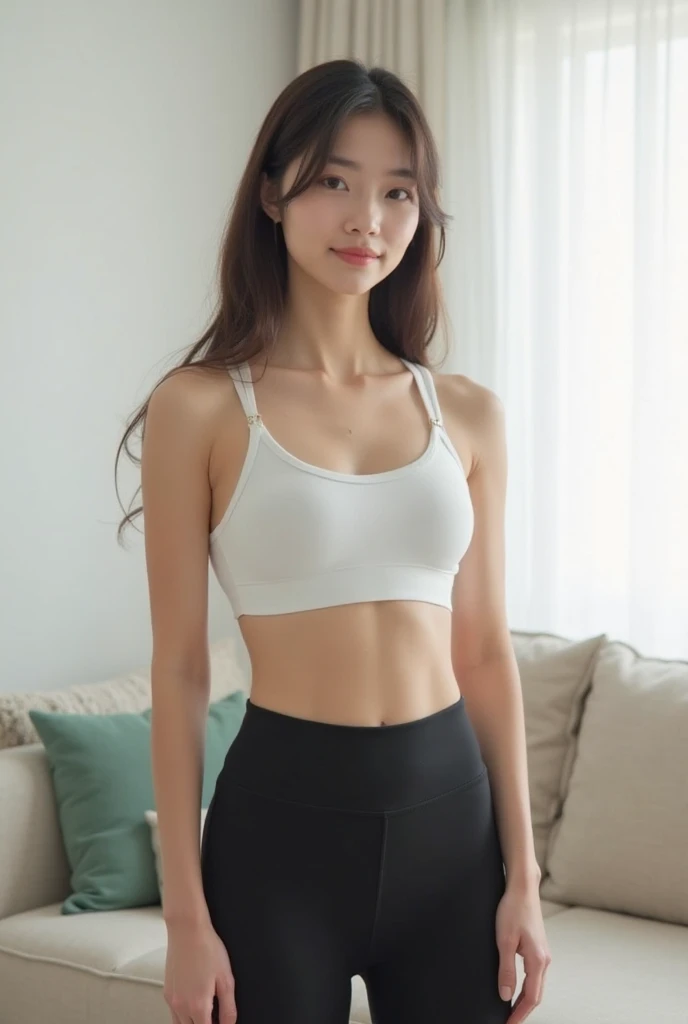 ((Best Quality, 8K, Masterpiece: 1.3)), a tall and beautiful woman, perfect figure: 1.4, slender abs, dark brown hairstyle, short hair, white yoga pants, without any posture movements, standing straight, highly detailed face and skin texture, detailed eyes, double eyelids, face with high cold, 