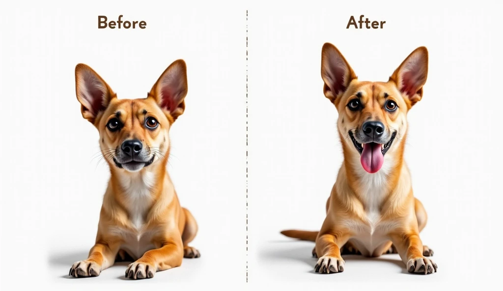make a realistic caricature of this dog with incredible details, ultra realistic textured, richly detailed texture details, detailed and realistic texture, Happy dog, Grinning, incredible coat details and charming smile.
