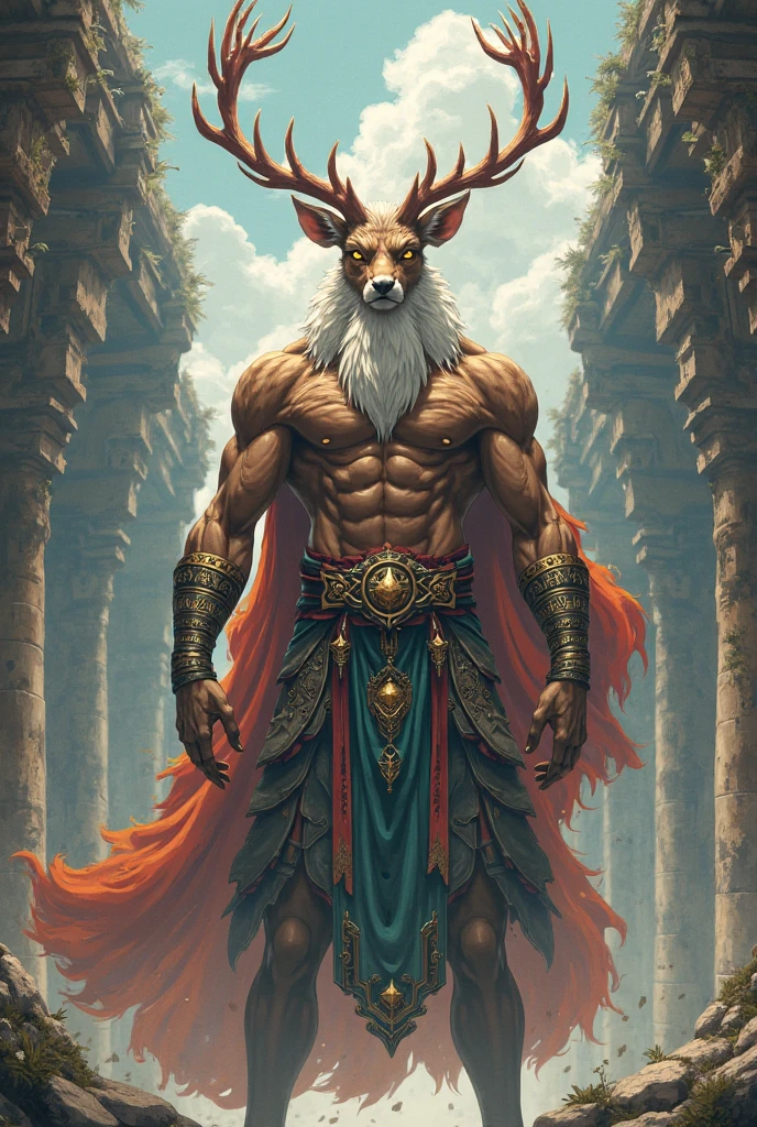 Create an image for me of a goat all muscled up in the clothes of a god wearing a light blue cape with two pennants lying on the floor, one red and one green, and on the goat's chest that says LX SUP