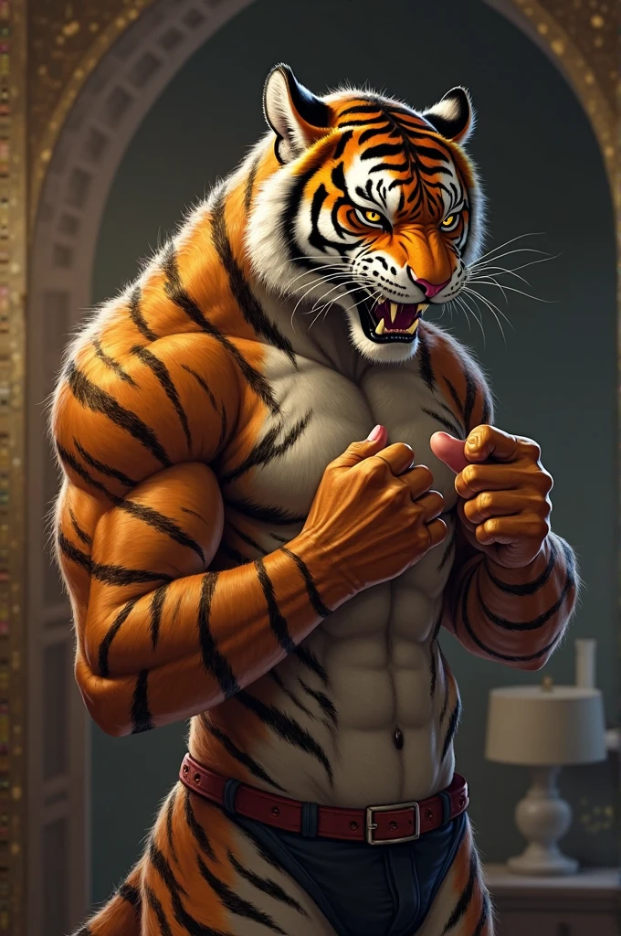 Masterpieces, furry, male, Anthropomorphic, old tiger, veiny, slender body type, twink, plump six packs, Delicate eyes, white goatee, grizzled fur, glistening body, thug, wasteland thug, tan skin, dirty, depth of field, perfect lighting, (best quality),(masterpiece),(ultra detailed), sharp focus, detailed wasteland background, shirtless, very large succulent black nipples, fierce look, scars, glossy oiled up skin, wet, ripped pants