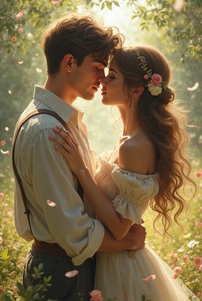 HDR photo, (full body shot , birdâs eye view) of a couple, mermaid with a curly hair, pearl white frilled tail fin, iridescent eyeshadow, driftwood staff, sharing soft whispers, detailed face, located in a romantic scene at a secluded garden during dawn with warm weather, illuminated by lantern light, creating a warm atmosphere, ,Masterpiece,best quality, photo, realistic, very aesthetic