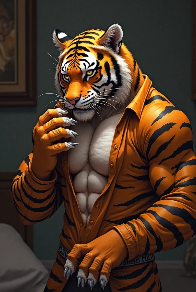 Tiger wearing gold chain, sitting in a king's armchair, women around you