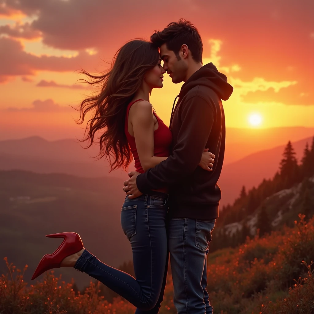 Generate a cute  with black long hair wearing a punjabi style in red smiling while a man with a strong body lifting the girl body up to the air and smiling, a beautiful snowy mountain and the flowy river with small stones at the river bank as the background. Sofr lighting, highly-detailed, realistic, ultra-sharp, surrealism. 