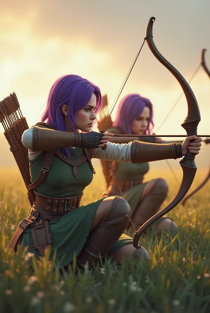 a beautiful girl is playing archery, green short hair, blue eyes,Conceptual art, best photo shot, glowing light, realistic, UHD, textured skin, masterpiece, anatomically correct, best quality, 8k, full body