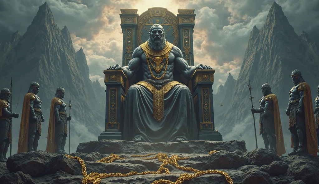 Gigantic stone statue of a monarch sitting on a throne, he has a really terrifying big smile, effroyable, fou et cruel,