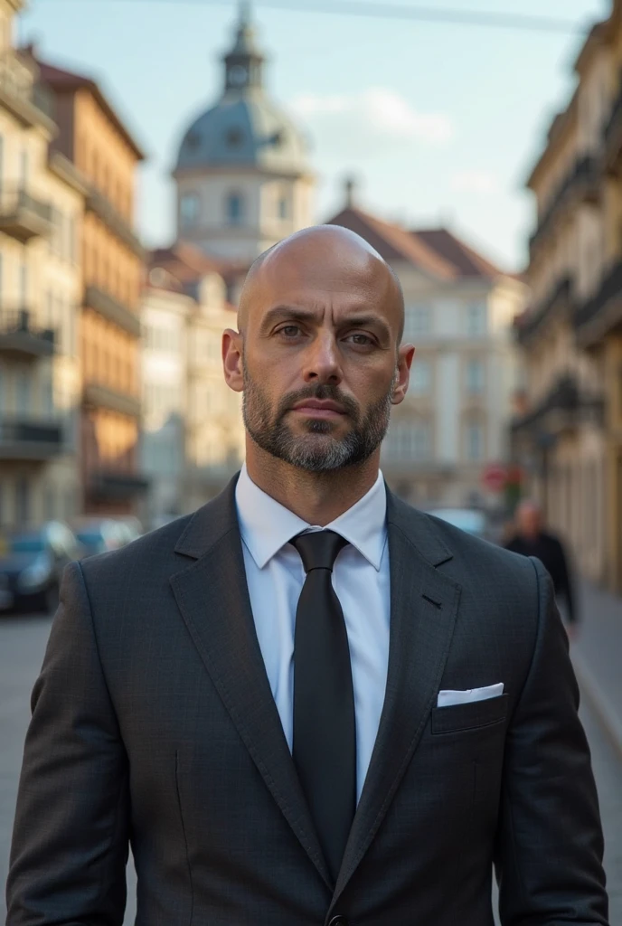 1boy, European, solo, facial hair,34 yrs old, dom, male focus, bald head, bara, muscular, mature male, muscular male, beard, short hair, thick eyebrows, fair-skinned male, thighs, fancy suit, dark skin, tie, tight white shirt, open jacket, grey business suit, cop agent uniform, feet out of frame, thick thighs, looking at viewer, masterpiece, 4k, high quality, highres, absurdres,