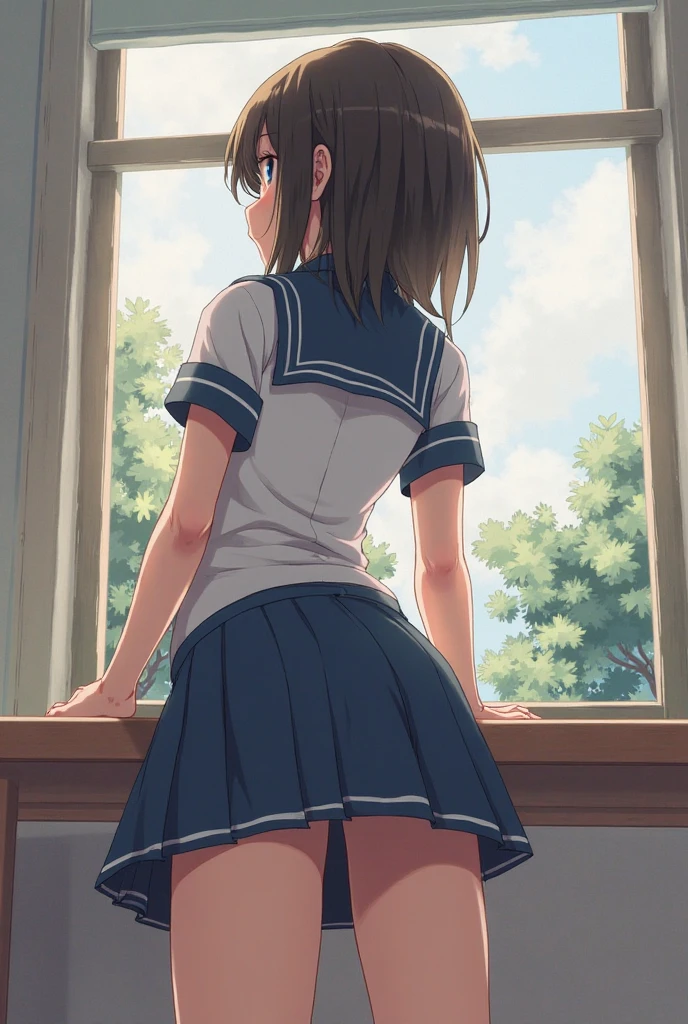 [1girl, Sengoku Nadeko, monogatari \(series\)], (large hips), (beautiful ass), back view, Highest quality, Super detailed, masterpiece, Ultra-high resolution, 8K, High Contrast, bent over, (Sailor uniform, micro mini skirt), (light blue striped see-through panties, Sticky panties, cameltoe), (bare back, crop back), Underboob, black stockings, (Thighs), (waist line), Shower room, (from above)