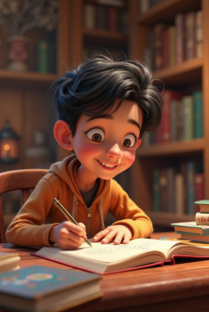 Child studying with a smile and a look of enchantment at the book in his hands 