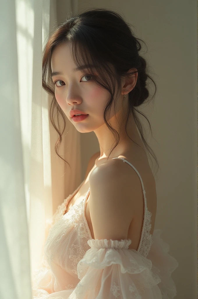 A beautiful Japanese girl character stands by the window、A scene where the character is gazing into the distance with a sad expression。The background is a pale blue light shining through the blinds.、Droplets of water sparkle around the character.。The thin white dress slid off her shoulders.、Shoulders and chest are exposed。The pose gives an introverted and fragile impression.、It expresses her delicate emotions.。The technique of illustration、The contrast of light and shadow is beautifully depicted.、Water droplets and skin texture are realistically reproduced.。The composition is neat and vertical.、The overall result is a super-realistic, live-action-like finish.。
