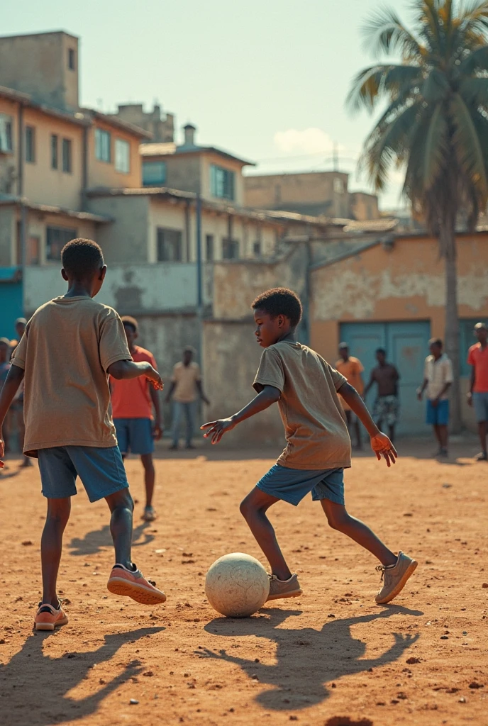 pixar animated style black african boy with curly hair aged 10 years playing with the ball at school surrounded other children while carrying bags and waering beautiful clothes with bright colours