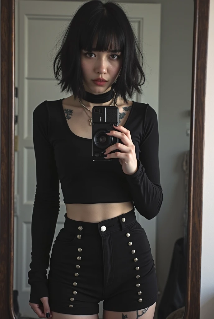 1girl, woman, goth, short bobcut with bangs, straight bangs, black hair, black lips, black lipstick, eyeliner, masacara, eye shadow, tshirt, apartment, goth girl, really dark skin, african, nigerian, sitting, dark eyes, smoky eyes, panties, full body, arm tattoos