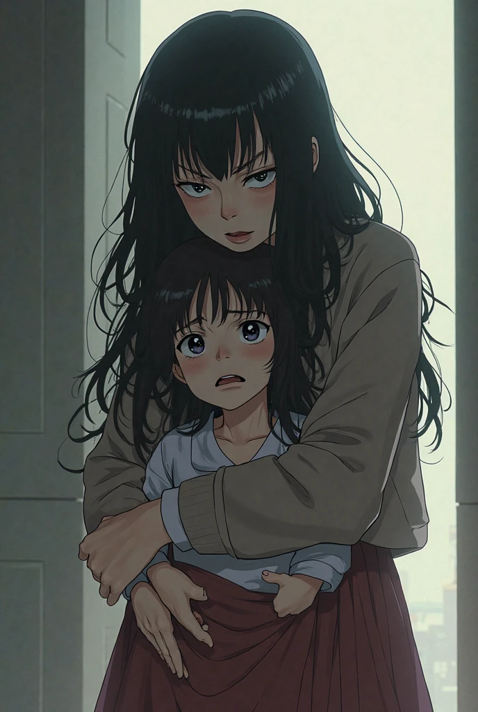 Barefoot anime woman and toddler in grey prison jumpsuits