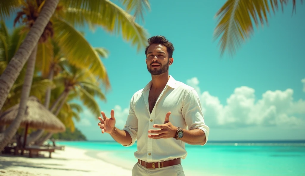 create an image of a happy person on the Caribbean beach, I need him to be an adult man, with a beard, wearing light clothes, suitable for use on the beach, he is happy, the scenery in the background is stunning, and inviting for tourists, the day It's beautiful for a beach break, the sea water is very clean and transparent, crystal clear., mullet, glowing eyes, Minimalism, pov, wide shot, perspective, Nikon, drop shadow, UHD, super detail, best quality, highres, high quality