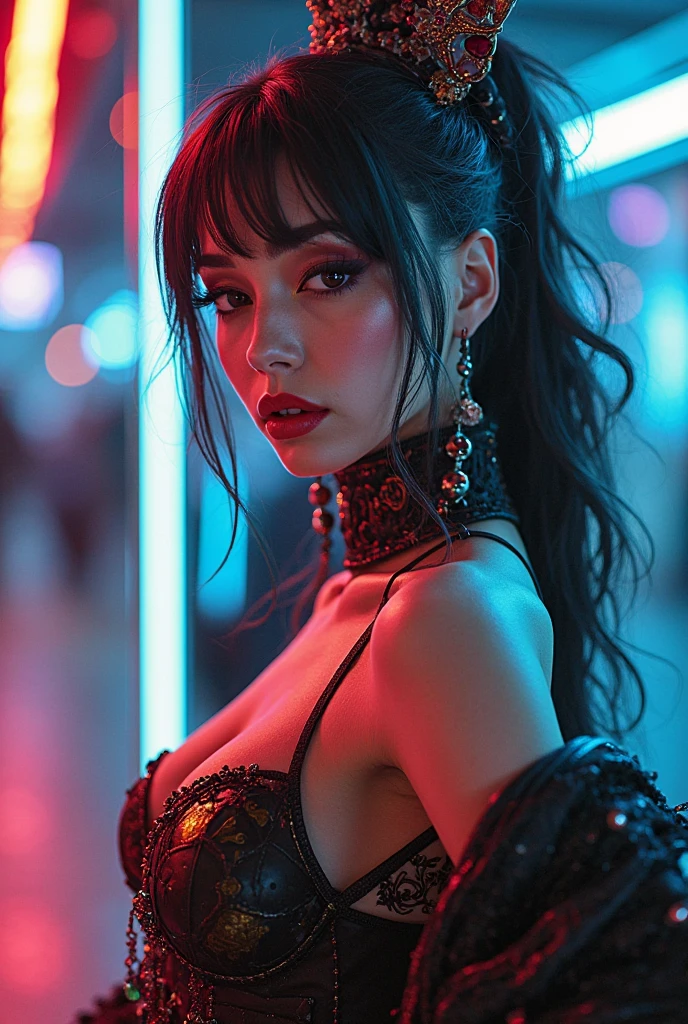 Toxic Apocalypse: The Neon Queen of the Wasteland. Ultra hot gorgeous woman.age 23. Epic cleavage (100e breast size). At night. Glowing flog. Neons. Wasteland.