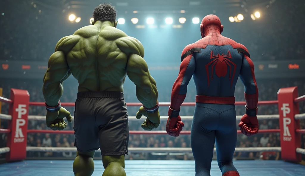 realistic. spiderman and hulk, wear nike shoes. super sturdy, huge muscle. gym as background