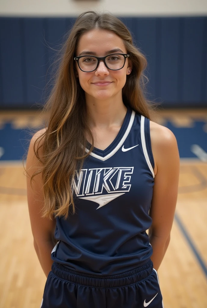 A photo of Emily Goldsmith, a kicker for the female Texas Christian University Horned Frogs football team. Number 8. Brown wavy hair and glasses