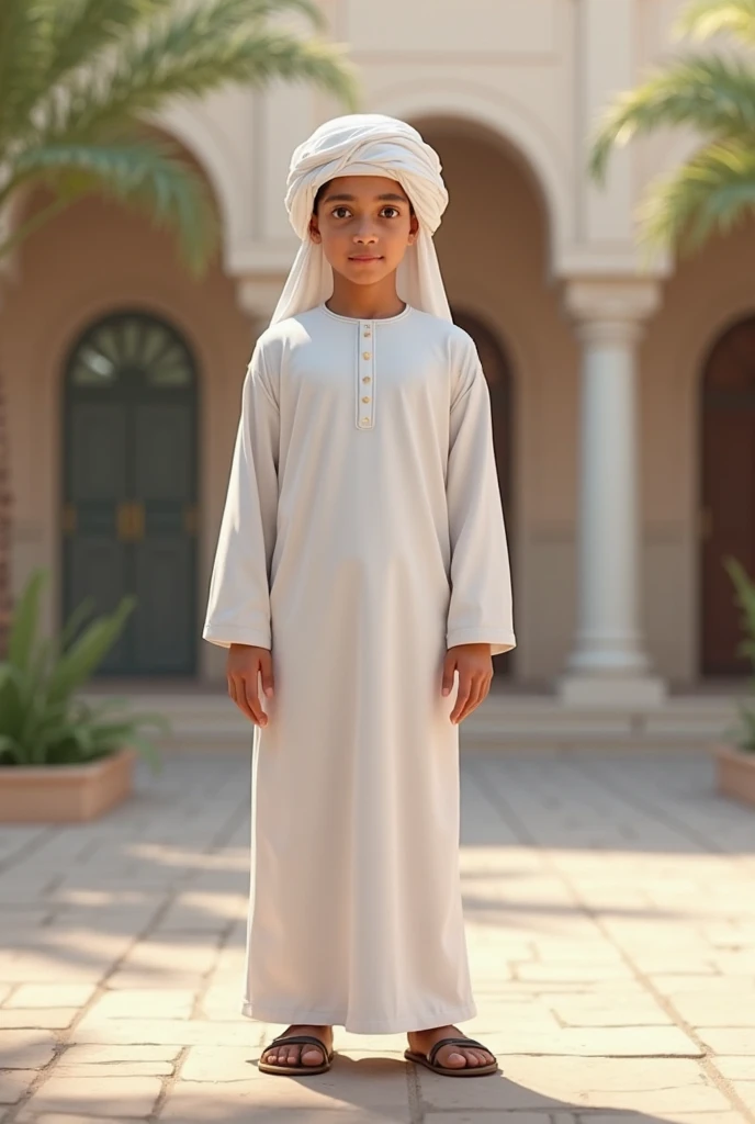 /imagine a 16years old boy wearing black kandura and white sheila in front of trees hands in pocket