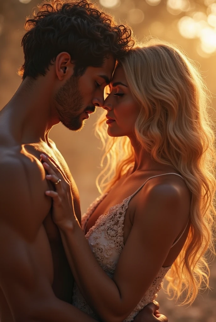 2 Person Date Quad in Desert Sunset. Lovely couple. slim blonde woman wearing summer mini dress with rhinestones and lace. The man is wearing a shirt . He has brown hair. Both look forward into camera photorealistic details. The two kiss. close up shot