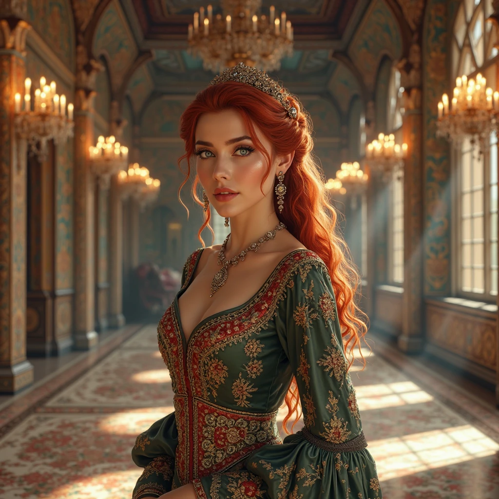 woman sitting on a chair in a castle