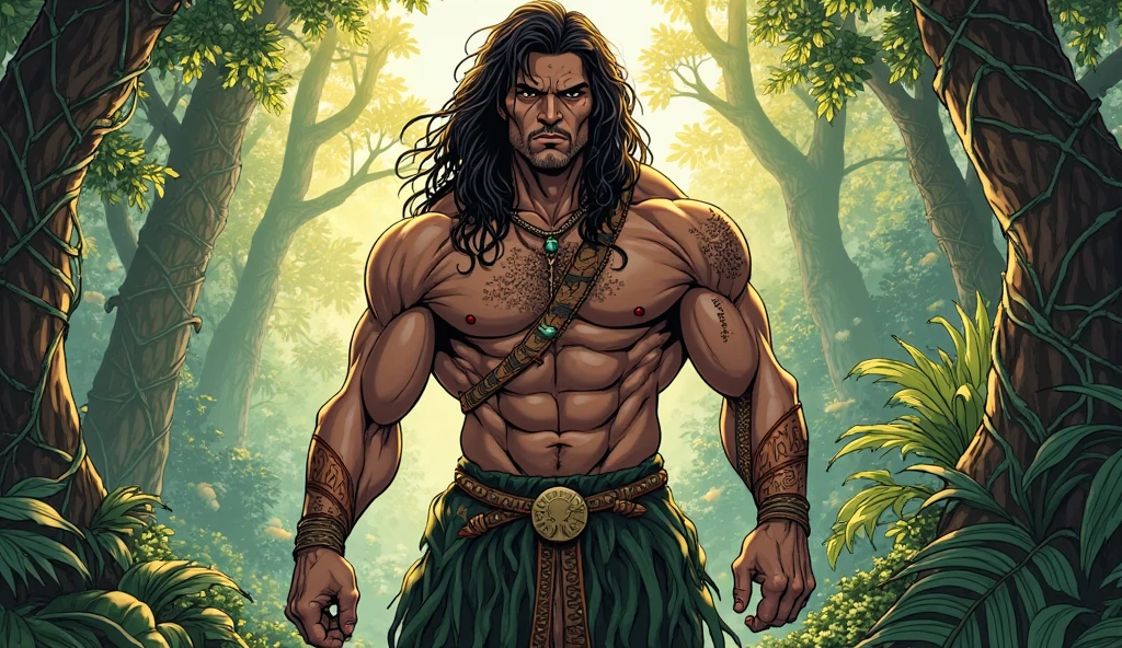 a beautiful man, masculine with clothes of the character tarzan, the king of the forest, masculine beauty, strong, fit and athletic, he is inserted in a forest with Intricate details of the painting of the Japanese forests, by Range Murata, galaxy in the background, cloud, Colors vivid, high contrast, mountain, vector line art, Orange Highlights, Trending on Pixiv, Anime Concept Art, Stick, Mat, high quality, Edge to Edge, Sanskrit