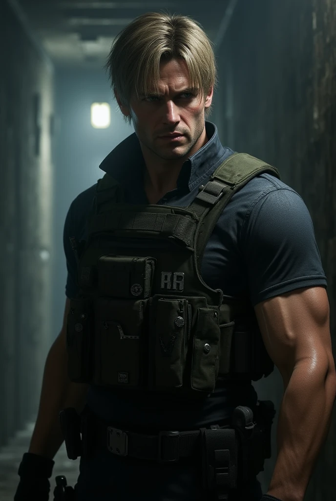 1 homem, homem jovem, 27 anos de idade, LEON S. Kennedy do filme "Resident Evil 4", O rosto de Eudard Badaluta, com esposa cabelos ondulados castanho e olhos castanhos ,cabelo castanho escuro, penteado de cortina, camiseta branca, STANDING, sports surround lighting, profundidade de campo, com sua filha de 6 meses