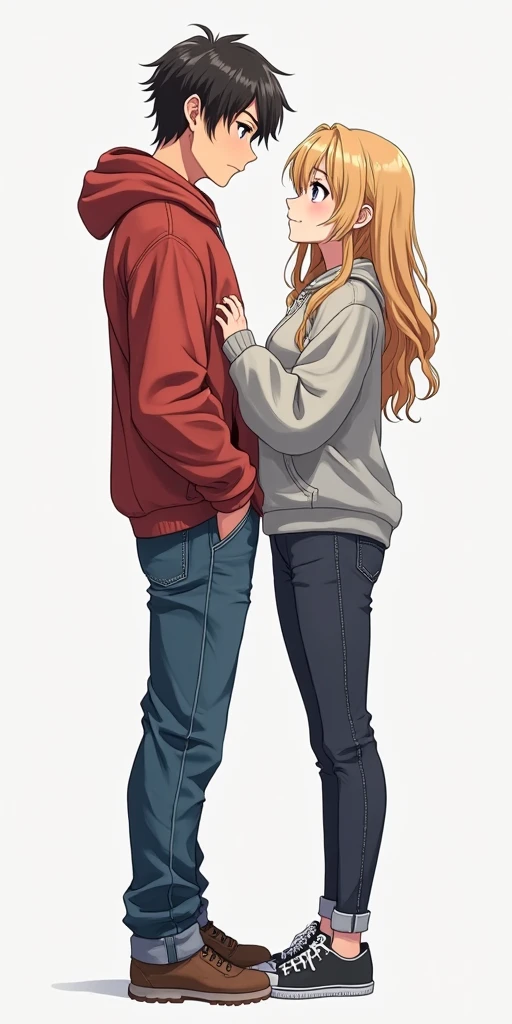 (best quality:1.2), 1 girls,1 boy,, face to face, looking at each other, standing apart, both standing apart, kissing, blue jeans, full body